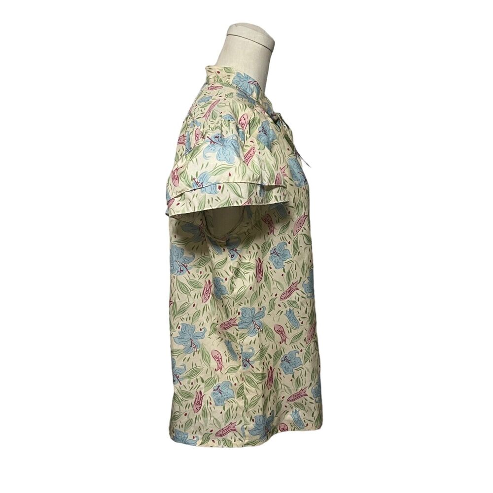 70s 80s Prospectus Cream Floral Print Top Medium Pussybow Ruffle Tiered Sleeves - Picture 4 of 5